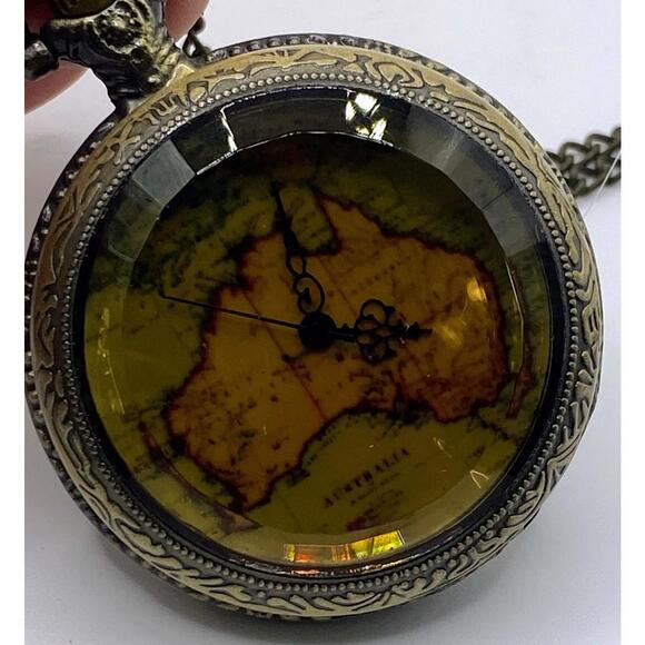 Accessories - Ornate Vintage Bronze Tone Australia Map Pocket Watch Pendant Long Chain